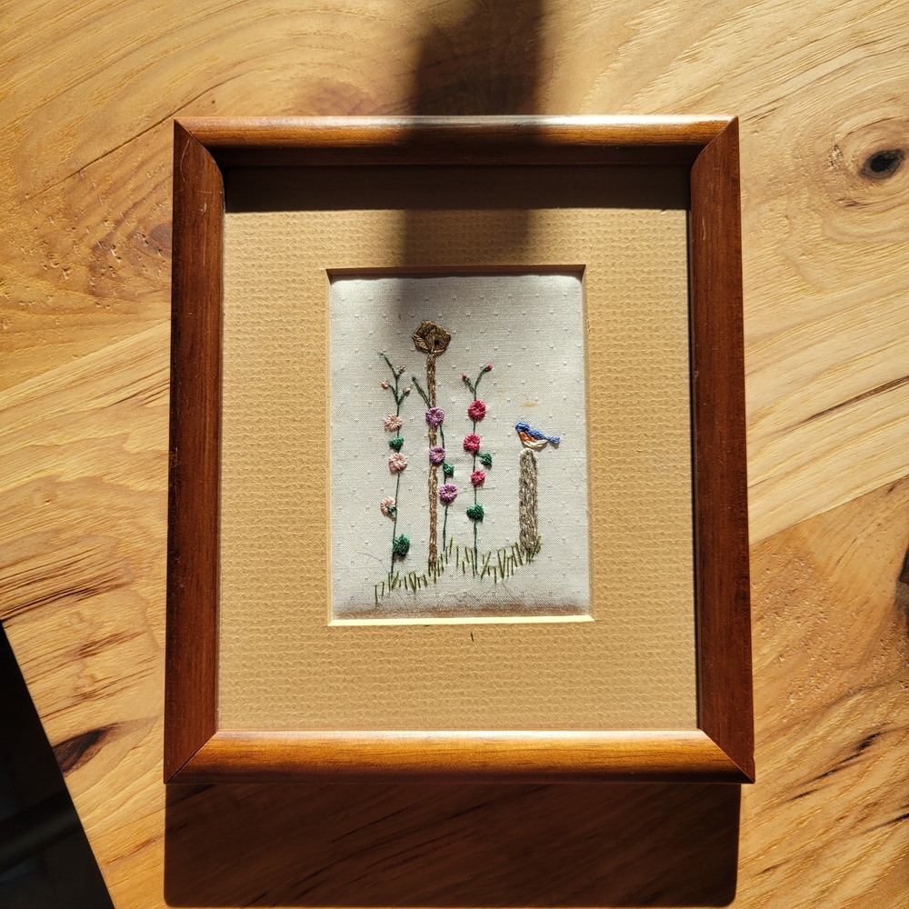 Hand Embroidered Vintage Blue Bird Wall Art - Set of 2 - Picture 6 of 11